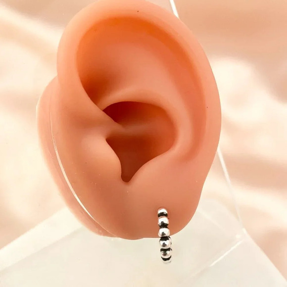 925 Sterling Silver Small Hoop Earrings Bead Earrings 14 mm Small Hoops - Picture 2 of 4